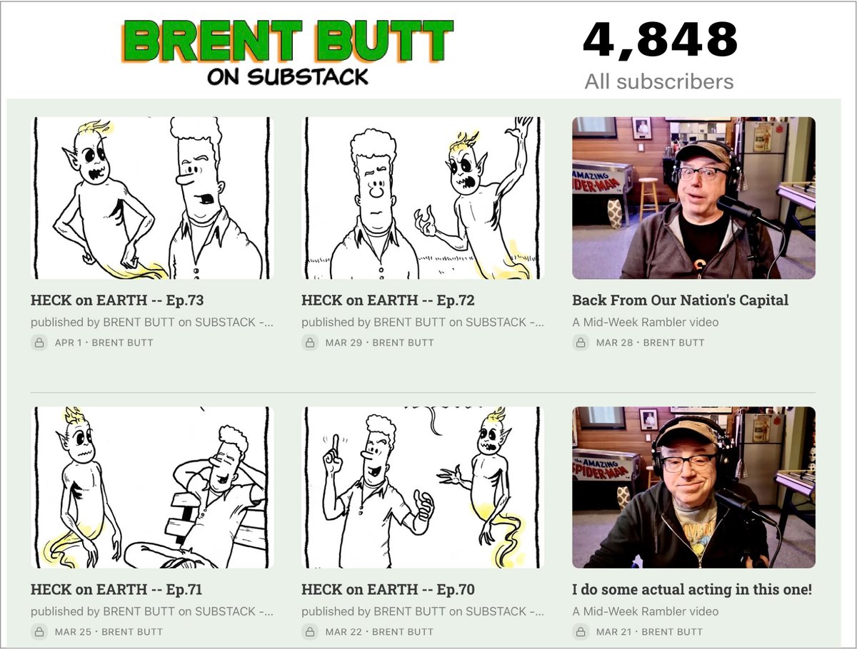 MY NEWSLETTER is on the road to 5k! Get on board and get a new episode of my 'HECK ON EARTH' comic strip every Monday+Friday, and a 'MID-WEEK RAMBLER' video every Wednesday(ish). Or subscribe FREE and get a random post or two each month. brentbutt.substack.com