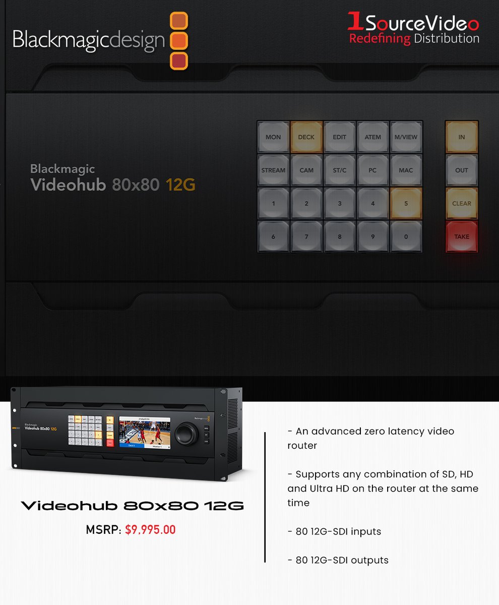 @Blackmagic_News' Videohub 80x80 12G is an advanced zero latency video router that supports any combination of SD, HD and Ultra HD!

#BlackmagicDesign #1SourceVideo #Videohub12G #80x80 #controlpanel #router #filmmaking #videoproduction #distribution #RedefiningDistribution