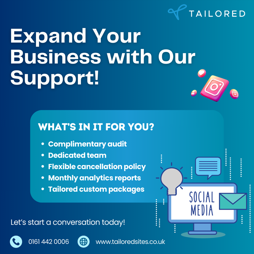 We can help boost your online presence!

🔵 Complimentary audit
🔵 Dedicated team
🔵 Flexible cancellation policy
🔵 Monthly analytics reports
🔵 Tailored custom packages

tailoredsites.co.uk/social-media-m…

#OnlinePresence #SocialMediaManagement  #MarketingStrategy #TailoredSites