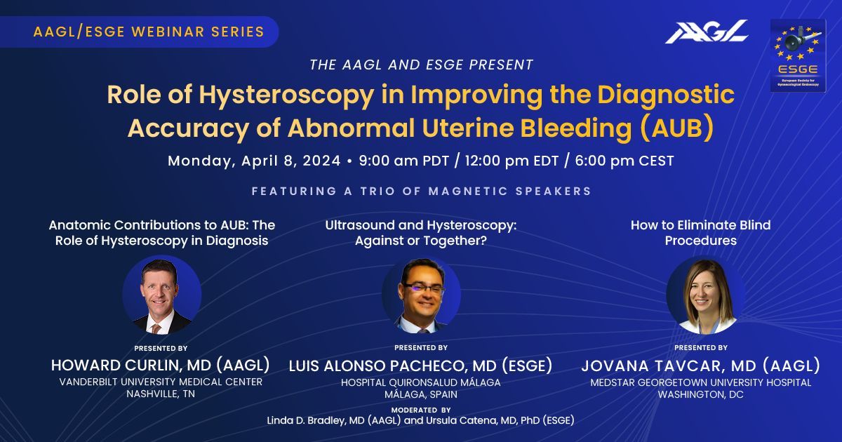 Don’t miss! MONDAY April 8th at 9AM PDT/6PM CEST join our webinar in partnership with ESGE. Global experts talk Role of Hysteroscopy in Improving the Diagnostic Accuracy of Abnormal Uterine Bleeding. Register buff.ly/4ap9YDj #MIGS @migs_tips @histero_scopia @JovanaTavcar