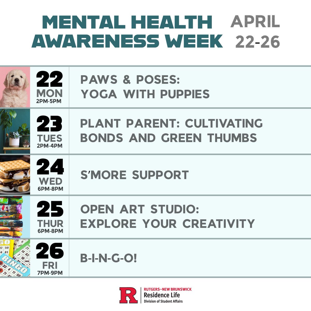 Residence Life and Student Support have collaborated to support our students during Mental Health Awareness Week. There will be events each day from April 22-26 on each campus. For more information, check out buff.ly/3IZw2If.