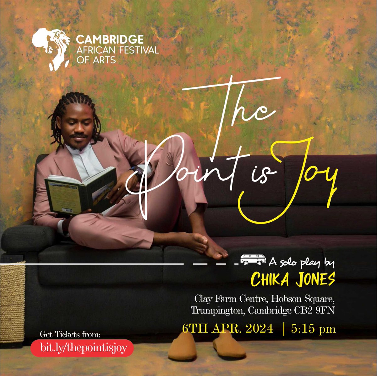 Don't forget tomorrow from 10am the Cambridge African Festival of Arts is at the Clay Farm Centre. Find out more: taruwacentre.africa/cafa/ Book a ticket for 'The Point is Joy' a solo play by Chika Jones: ticketsource.co.uk/taruwaafricace…