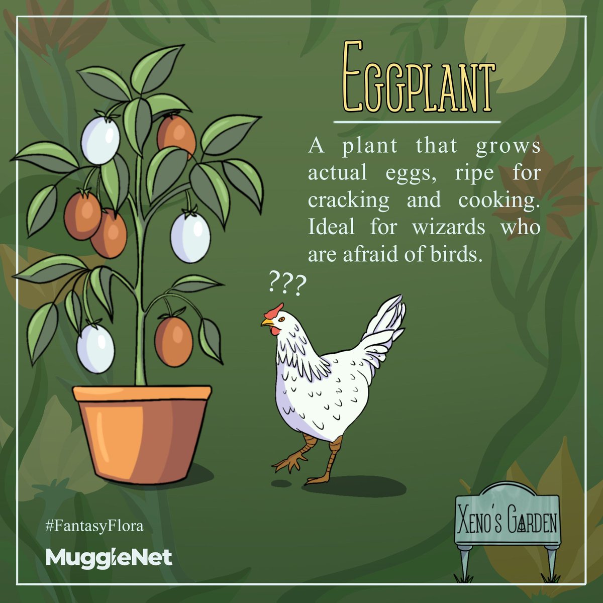 MuggleNet's tweet photo. In today's feature of "Xeno's Garden," we have the "Eggplant." A helpful plant that any cook or homemaker would be glad to have around! 🥚🪴  #Eggplant #FantasyFlora https://t.co/zoGUFCVhGX