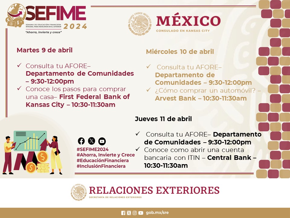 📣El Consulado de México en Kansas City @ConsulMexKan invita a la comunidad 🇲🇽 en 🇺🇸 a las pláticas informativas que se ofrecerán del 9 al 11 de abril 🗓️ #SEFIME2024. 💰💲 @IME_SRE @IF_IME #EducaciónFinanciera #InclusiónFinanciera  #SEFIME2024 #Ahorra #Invierte #Crece

➕ℹ️👇