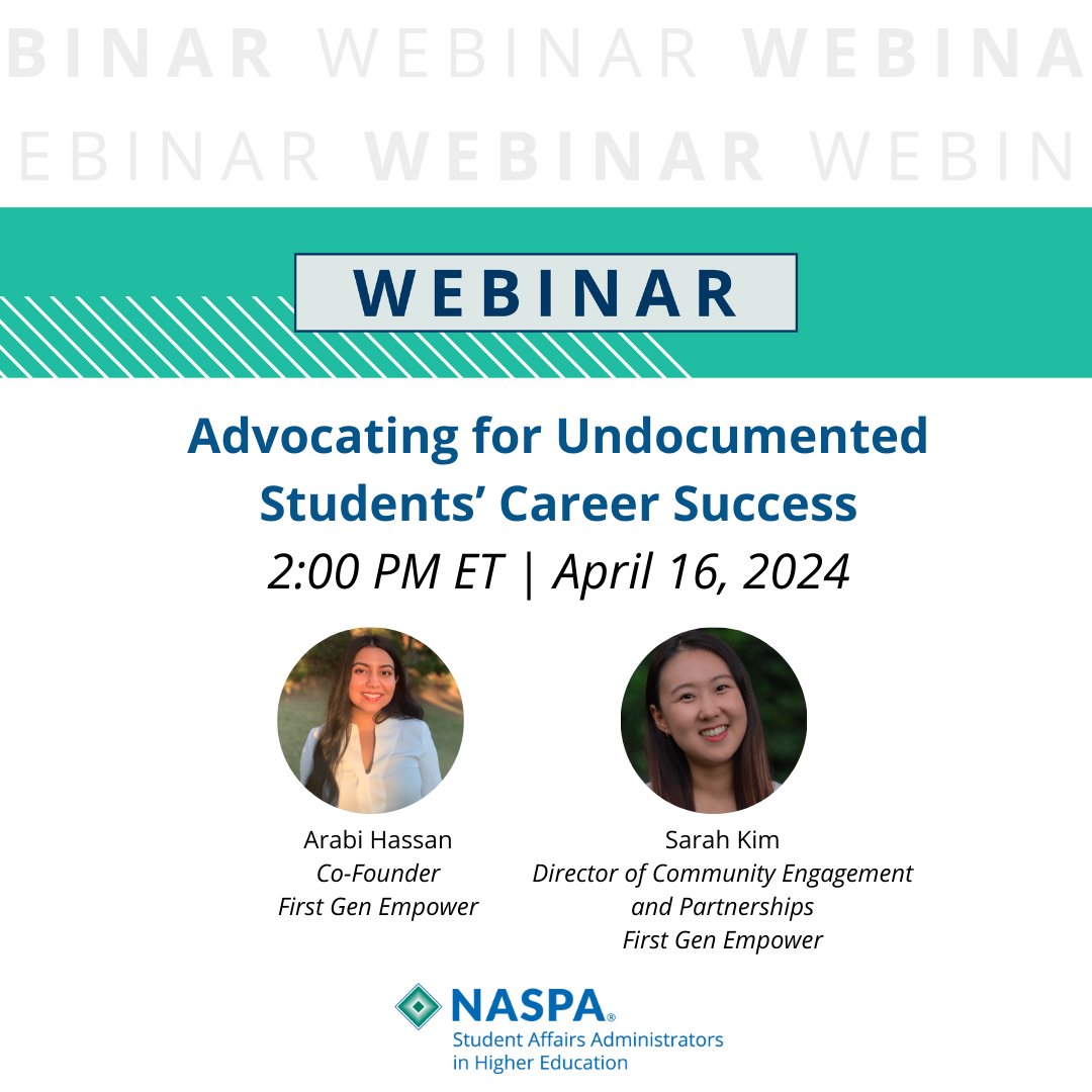 Advocating for Undocumented Students’ Career Success NASPA WEBINAR April 16 | 2 PM ET Discover dynamic strategies to nurture the brilliance of undocumented students. Join this webinar as different pathways to empower are explored. Register here: bit.ly/4aGWySB
