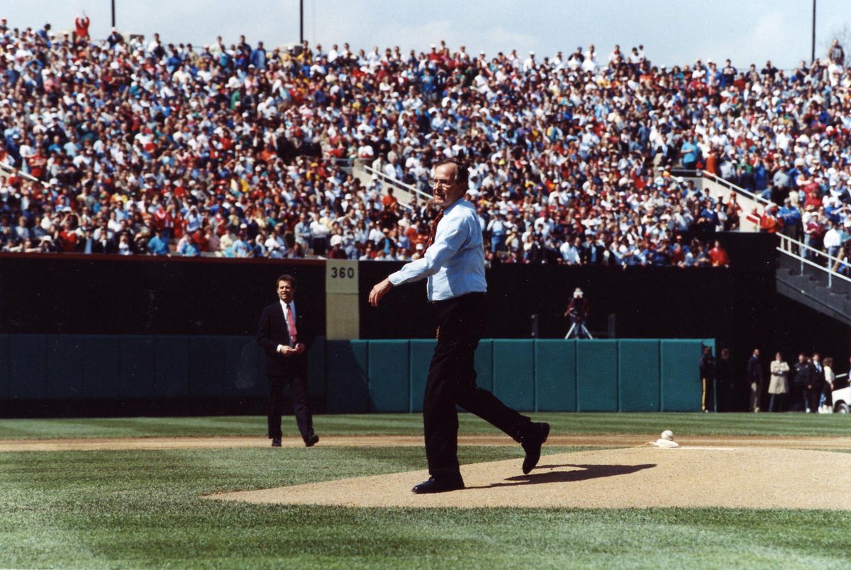 President Bush throws the ceremonial first pitch for opening day of the baseball season game between the Baltimore Orioles and the Boston Red Sox at Memorial Stadium. 03 April 1989. Photo Credit: George Bush Presidential Library and Museum #bush41 #bush41library #bush41museum