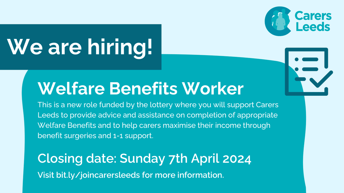 We are hiring! We currently have a vacancy for a Welfare Benefits Worker. This is a new role funded by the @TNLComFund where you will support #unpaidcarers with advice and assistance of appropriate benefits. Closing Sun 7th April. Apply now at bit.ly/joincarersleeds