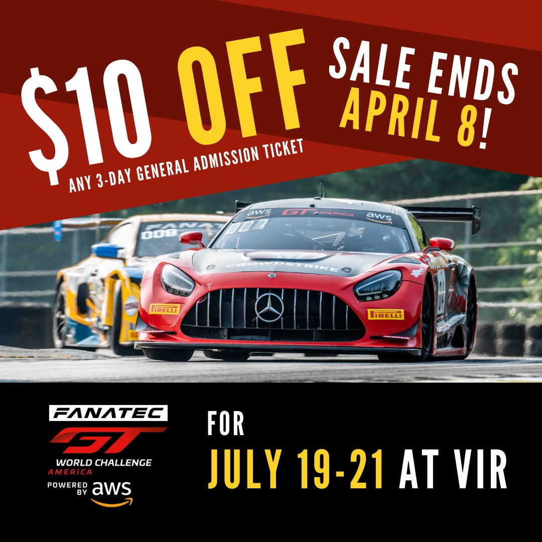 🚨Kick off the season with us! Go ahead, grab tickets to the SRO Fanatec GT World Challenge when they come to VIR July 19-21! Take advantage of our Flash Sale with code SRO10. @gtworldcham 🎟️: ow.ly/oOFG50R7RgG #FanatecGT #GTWorldChAm #VIRnow