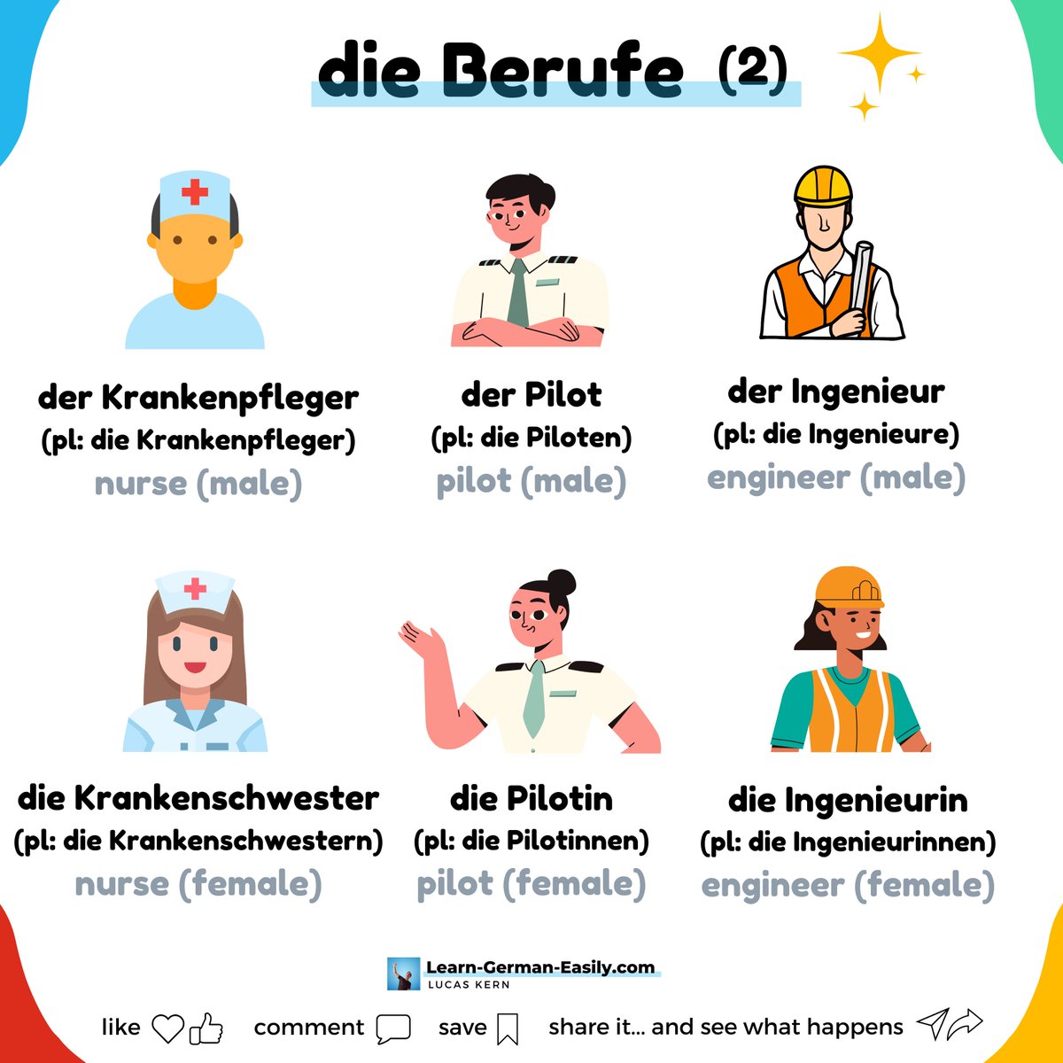 LearnXDGerman's tweet image. 🇩🇪

👨‍⚕️👷‍♀️👨‍✈️ Let&apos;s learn the names of some other professions!

These careers are very exciting and necessary for our lives.

Learn to master German and speak fluently the easy way!
learn-german-easily.com/7-rule-challen…

___
#germanvocabulary #learngermaneasily #studygerman