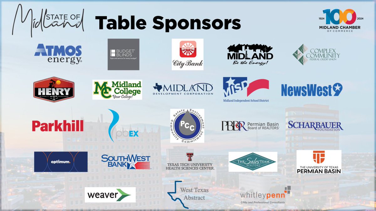 Thank you to our incredible ✨Table Sponsors✨ for making our 2024 State of Midland possible! Your support helps us bring this event to life! 🥳