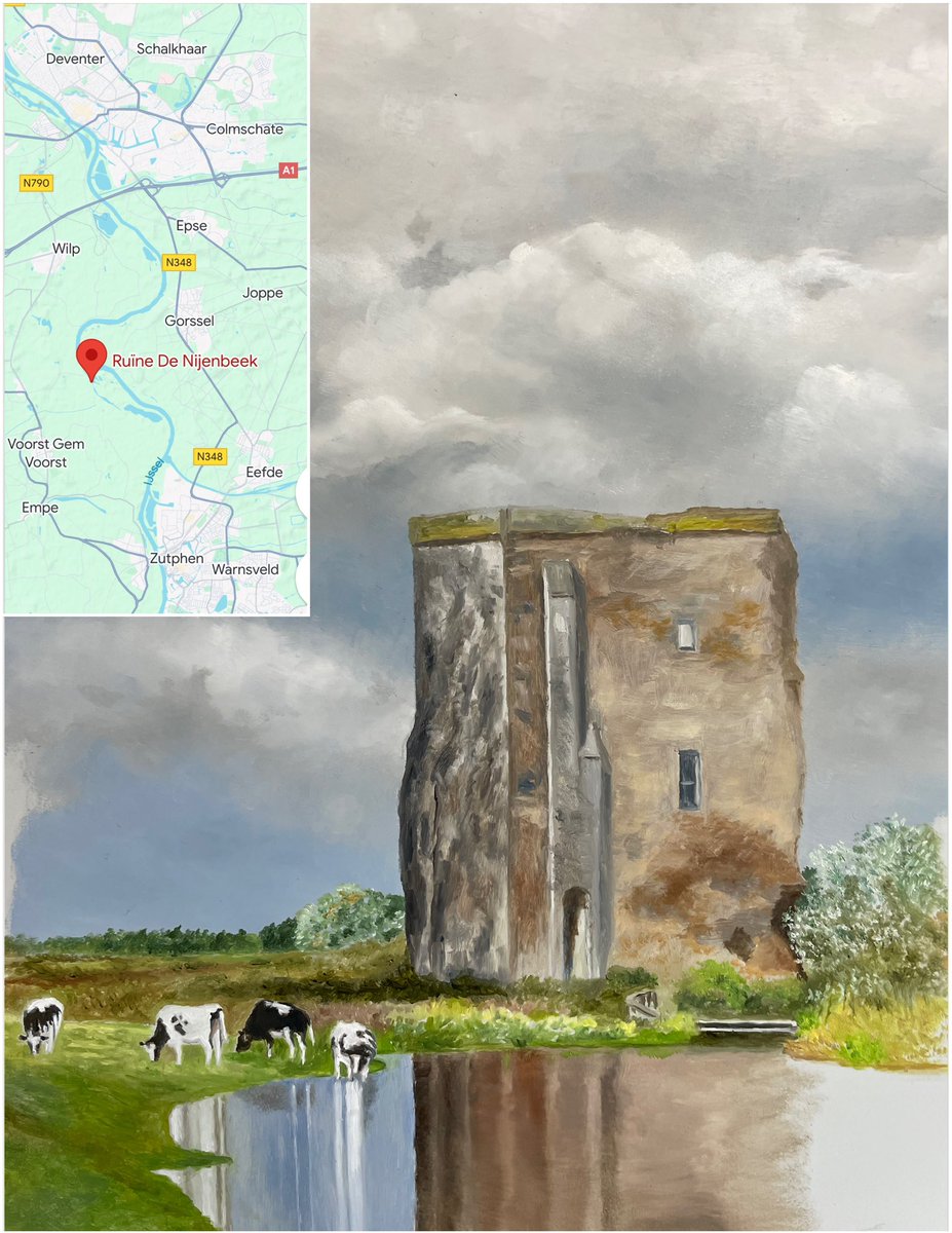 Work in progress 🎨 First layer of a new painting with a ruin of the castle “De Nijenbeek” nearby the river De IJssel. Part of the painting! #ruin #castle #DeNijenbeek #IJssel #cows #Netherlands #wip #oilpainting #oilonpanel #artistsonx