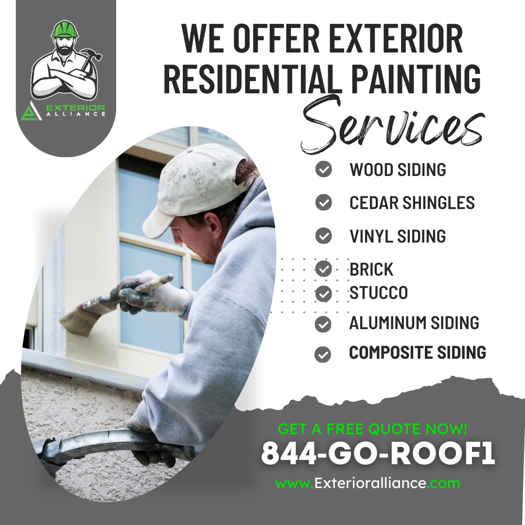ExteriorAliance's tweet photo. Ready to give your home a fresh, new look? 🖌️🏡 Exterior Alliance is at your service with top-notch Exterior Residential Painting Services! Whether you have wood, vinyl, or any other siding, we'll provide a flawless finish that not only looks great but lasts. https://t.co/Uka7LfuXme