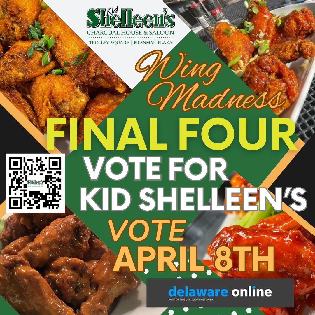 We've made it to the Final Four in the @delawareonline Wing Madness!! Thank you to all who has voted so far! Two more rounds to go! Voting opens Monday, April 8th at 7am! #delawareonine #wingmadness #finalfour #voteforkidshelleens