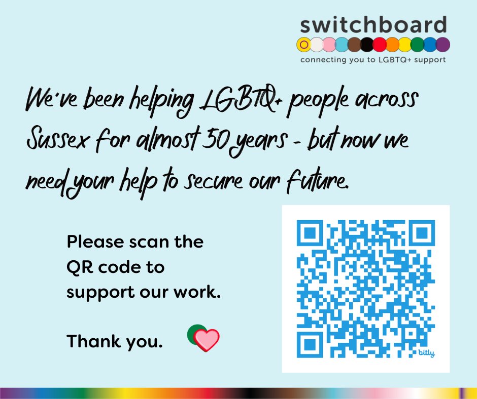 We rely on donations from people like you to run our services. This support helps us reduce social isolation, improve mental wellbeing and offer a listening ear to LGBTQ+ people across Sussex. Please scan the QR code or click bit.ly/donate-to-swit… to fund our work. Thank you.