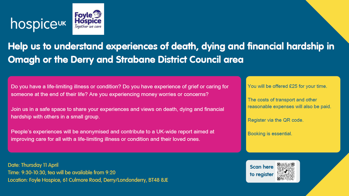 FoyleHospice's tweet image. Feel free to join us on Thursday 11th April for our focus group to help those in need to understand experiences of death, dying and financial hardship. 

See full details below 👇

Thank you for your support 💙🙏

#focusgroup #FoyleHospice #registerhere