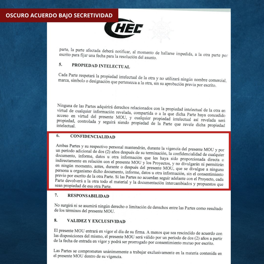 RCVHonduras's tweet image. 🚨 OSCURO ACUERDO BAJO SECRETIVIDAD 🚨| El memorando de entendimiento entre la #ENP con la empresa china HARBOUR ENGINEERING COMPANY (#CHEC), está blindado y bajo secretividad al contemplar una cláusula de confidencialidad, que contradice la ley de transparencia. #RCVNoticias…