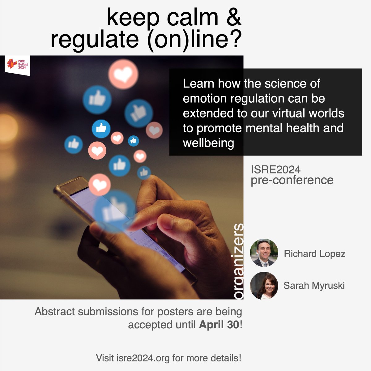 👍 Let's examine psychological risk factors linked to #socialmedia use and explore how #emotionregulation can counteract them, focusing on #youth & young adults. Join us at this #ISRE2024 pre-conference to discuss and discover more! ℹ️ isre2024.org/preconference/…