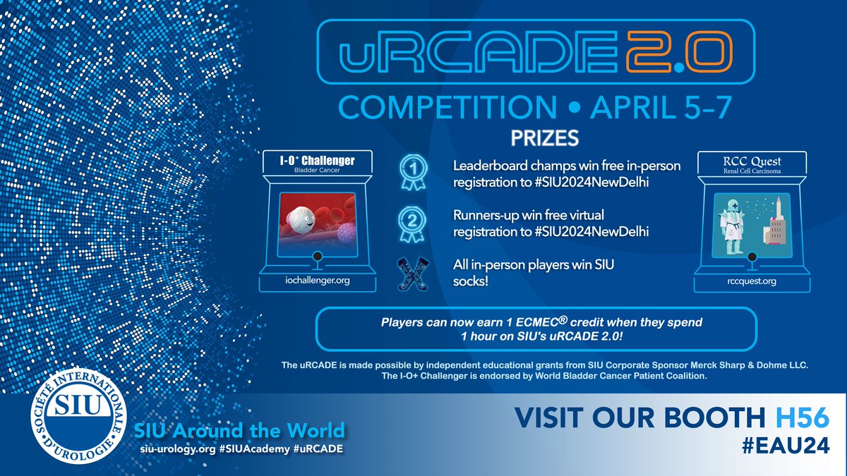 SIU_urology's tweet photo. One hour left to make it to booth H56 today at #EAU24 to try out SIU's updated eLearning games! Experience #uRCADE 2.0 for a chance to win 1 of 2 #SIU2024NewDelhi registrations! 

Don't despair if you don't make it to the top - all in-person players earn a pair of coveted #SIUWorld socks.  

Play online at any hour: https://t.co/o0ta5rInc1 
Contest rules: https://t.co/aMO72EHJly