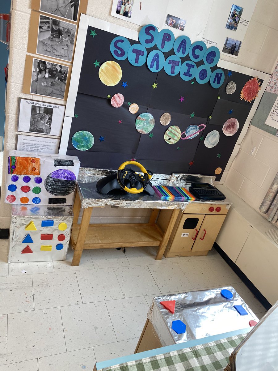 StAgnesfdkrm112's tweet photo. Our students created a space station! Remember the planets we painted this week? They are in our dramatic play solar system! Students created computers, and consoles too!  Watch them play, explore &amp; create space! https://t.co/gMt3pYoibF