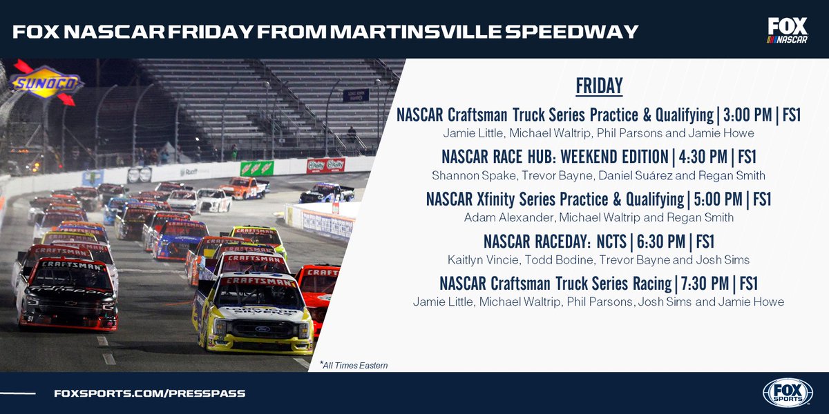 NASCAR short-track action continues this weekend from @MartinsvilleSwy. @NASCARonFOX coverage from 'The Paperclip' kicks off today on FS1, highlighted by the @NASCAR_Trucks race under the lights 📎