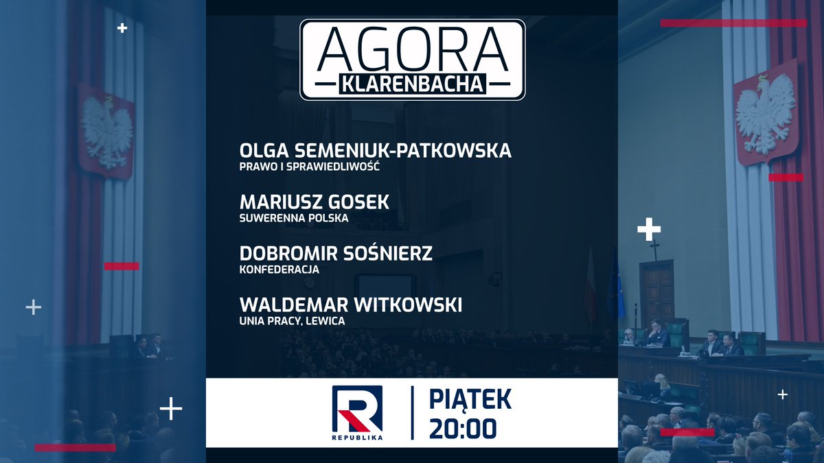 Tuż przed ciszą wyborczą zapraszam na #AgoraKlarenbacha do @RepublikaTV. 🙂 Moimi i Państwa gośćmi będą: 🔹@OlgaEwaSemeniuk (@pisorgpl) 🔹@MariuszGosek (@Suwerenna_POL) 🔹@D_Sosnierz (@KONFEDERACJA_) 🔹@W_Witkowski_ (@__Lewica).