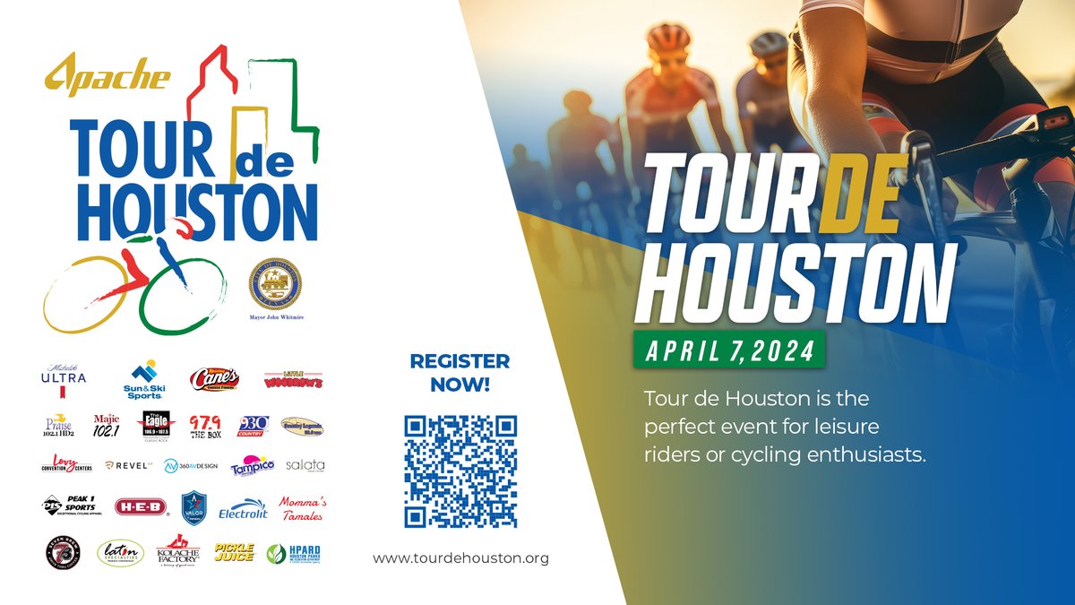 Tour de Houston presented by Apache Corporation is this Sunday, April 7th! The ride begins and ends at Discovery Green on Avenida de Las Americas. Register now and join us on Sunday! tourdehouston.org #TourdeHou