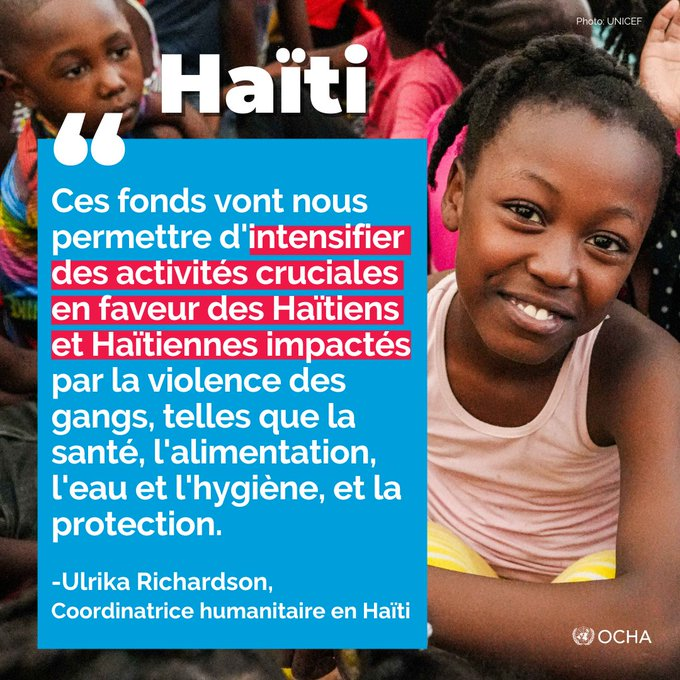 Le chef de l'humanitaire de l'ONU, @UNReliefChief, a alloué $12 million du @UNCERF pour soutenir la réponse humanitaire en Haïti suite aux récents évènements dans la capitale qui ne font qu'aggraver une situation déjà précaire.