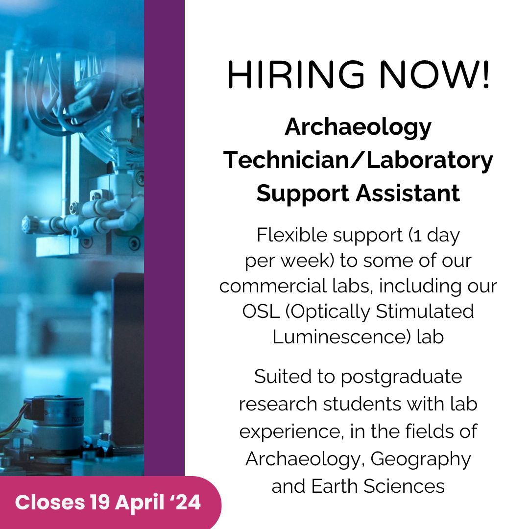 📣 #HiringNow: Archaeology Technician/Laboratory Support Assistant! 📣 ⭐ Flexible, 1 day/week supporting our OSL lab ⭐ Suits PGR students with lab experience, broadly in #Archaeology, #Geography & #EarthSciences Closes 19 April 2024! Apply now! 👉: durham.taleo.net/careersection/…