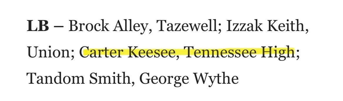 Carter Keesee (@carkeesee58) on Twitter photo Thank you to <a href="/BHCSports/">BristolSports</a> for naming me All Bristol Herald Courier 2023 Football Team! Thank you to <a href="/BHCSports/">BristolSports</a> for naming me All Bristol Herald Courier 2023 Football Team!