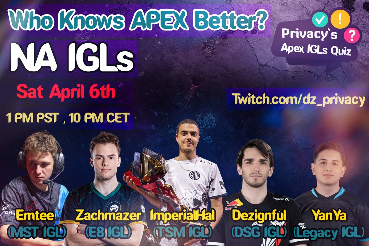 Apex IGL Quiz: NA Edition 😍 Tomorrow on Saturday 6th of April at 1PM PST (10 PM CET) Who's winning it? 🏆 The Quiz will have 25 questions, split into 5 themes: - ALGS Stats 📊 - General Knowledge 📘 - Weapons 🔫 - Legends 🕴️ - Zone calling test (still my favorite ♥️) Do not…