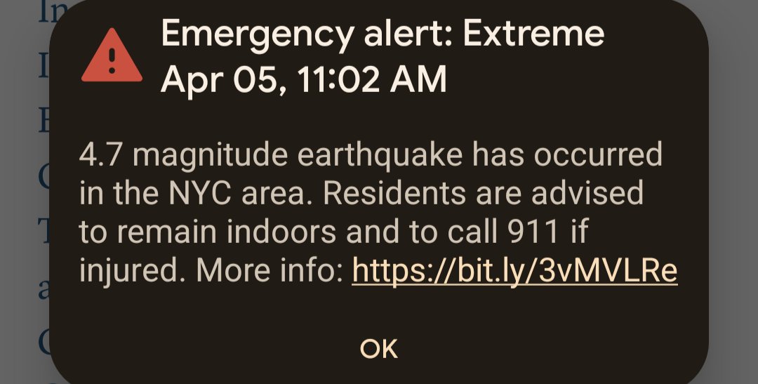 An alert that just came in ... all of our phones received the alerts, so the bells were ringing throughout ...
I am a California resident, but I flew into JFK for a meeting. 
 #Earthquake