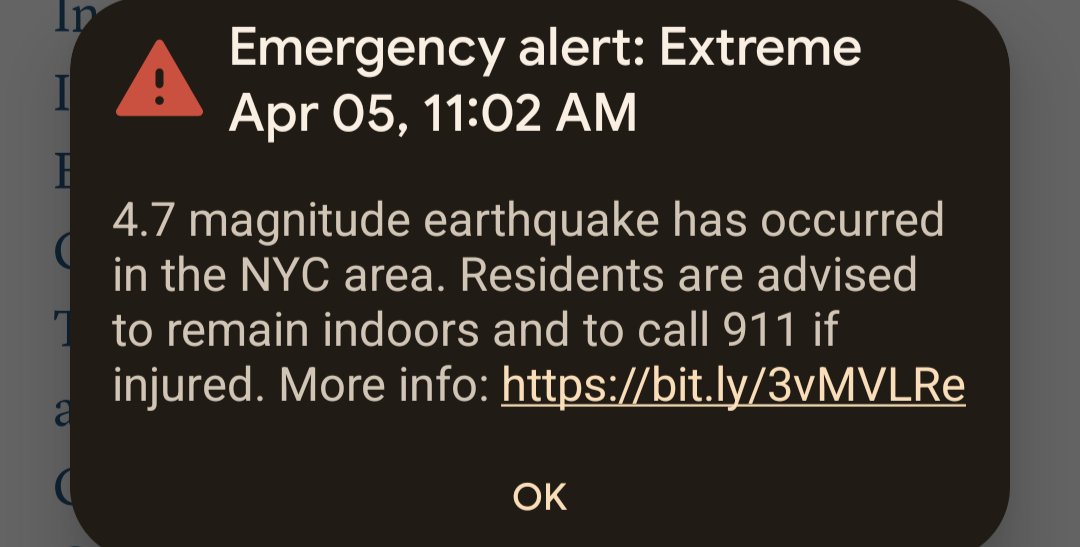 An alert that just came in ... all of our phones received the alerts, so the bells were ringing throughout ... I am a California resident, but I flew into JFK for a meeting. #Earthquake