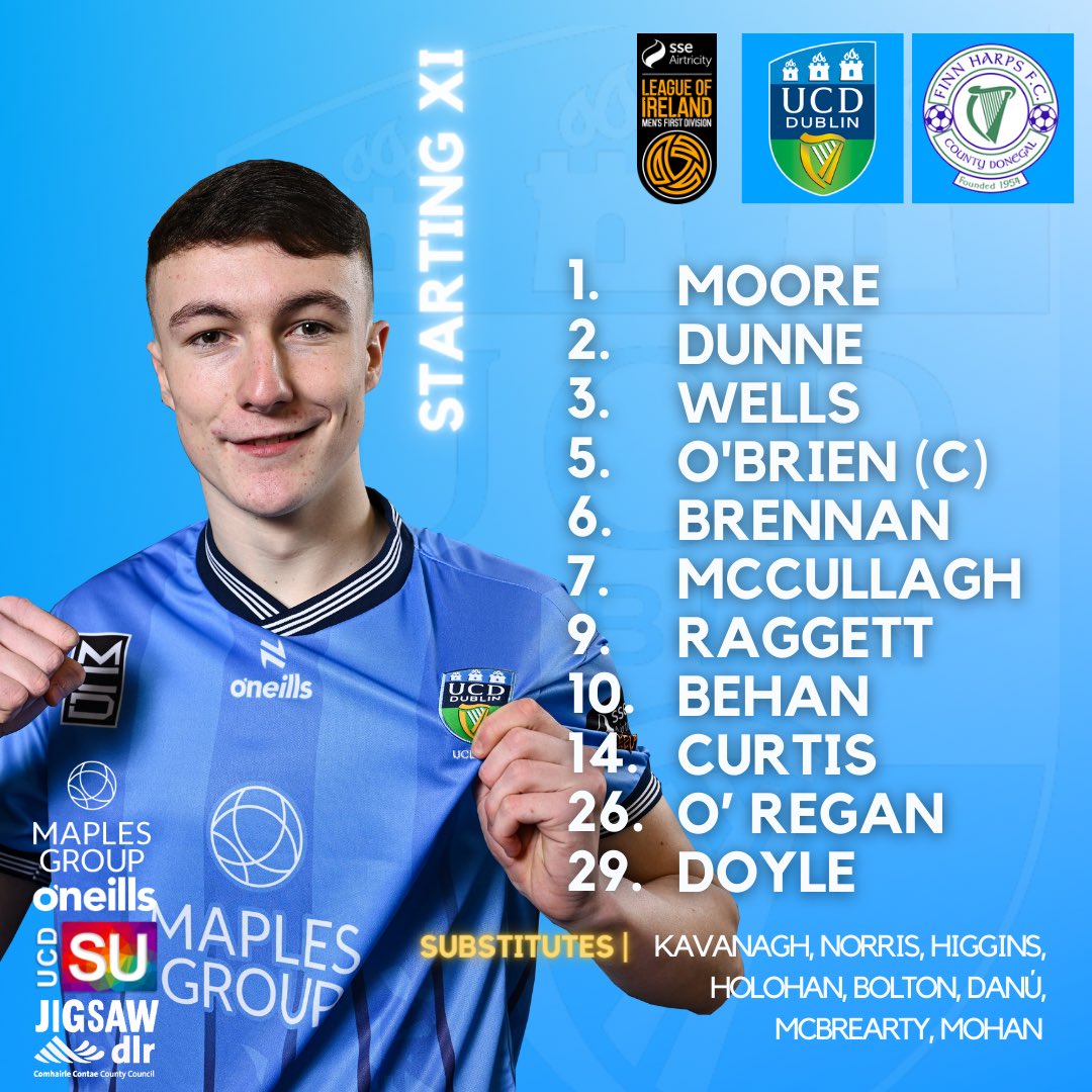 STARTING XI // @LeagueofIreland Luke O’ Regan starts for the first time this season as we take on @FinnHarpsFC in Ballybofey! Kickoff is at the earlier time of 5pm! @ucdsportsclubs @UCDResLife @UCDSU