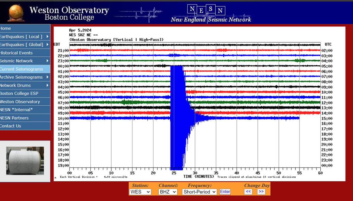 #earthquake monitoring from Weston observatory. The NY quake was noticeable from Sandwich MA cape cod.