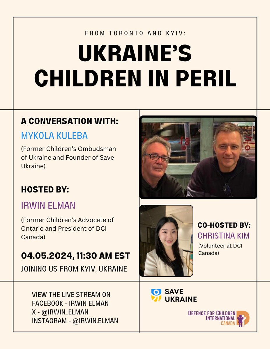 I invite everyone to join today's online meeting with our Canadian partner, President of @SaveukraineUs Canada, Irvin Elman @DefenceforChildrenInternationalCanada. In the live broadcast, starting at 18:30 Kiev time, we'll discuss the challenges facing the support system for…