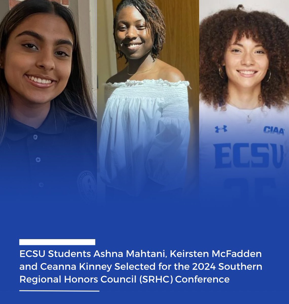 ECSU's tweet photo. Ceanna Kinney, a junior English student, Ashna Mahtani, a sophomore Biology student, and Keirsten McFadden, a senior double majoring in Criminal Justice and Psychology are all members of the ECSU Honors Program and will present at the conference April 3-6 in Jacksonville, Fla. https://t.co/PJGm8vAnax
