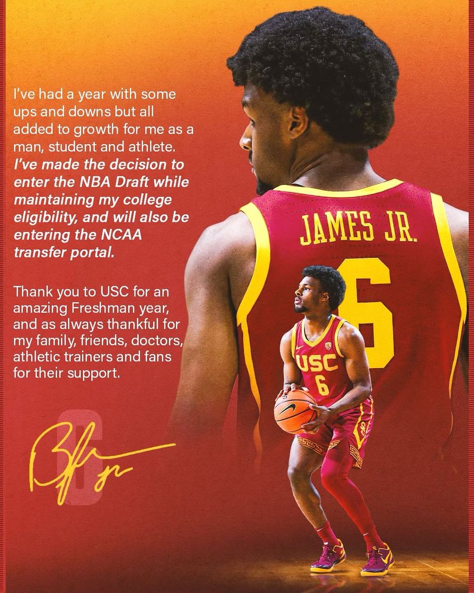 Bronny James will enter the 2024 NBA Draft. He will maintain his college eligibility and enter the NCAA Transfer Portal. (via Bronny/IG)