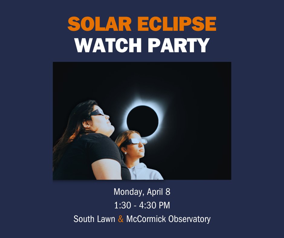 Join @UVaAstro and UVA Astronomy Club on the South Lawn and at the Leander McCormick Observatory for a solar eclipse watch party ☀️ 🌕 🌍