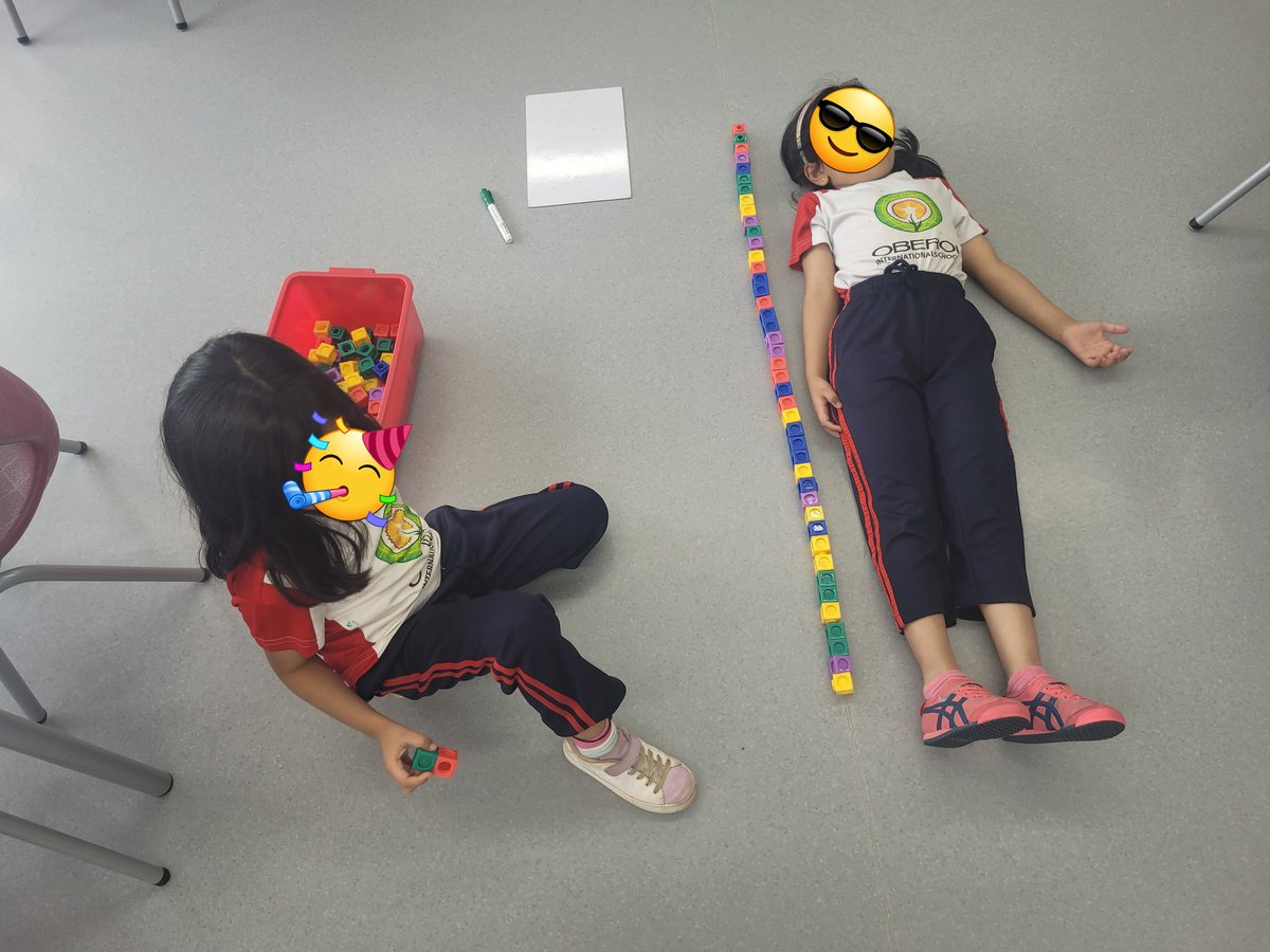 tinatandon's tweet image. Exploring non standard tools of measurement. Measuring each other's length and discovering, "I need to grow 1 sketch pen more!" This was engaging and "so much fun, our length is the same number of blocks." #mathconcepts @farheen_virani @Hiralrshukla1 @kashvikapoor1 @nehaminda