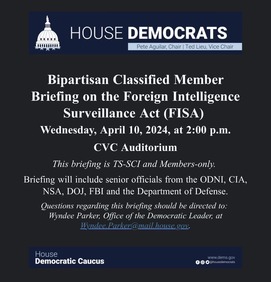 Another classified briefing scheduled a day before the vote on FISA 702 + amendments. I wonder what time sensitive information might come out of this one !