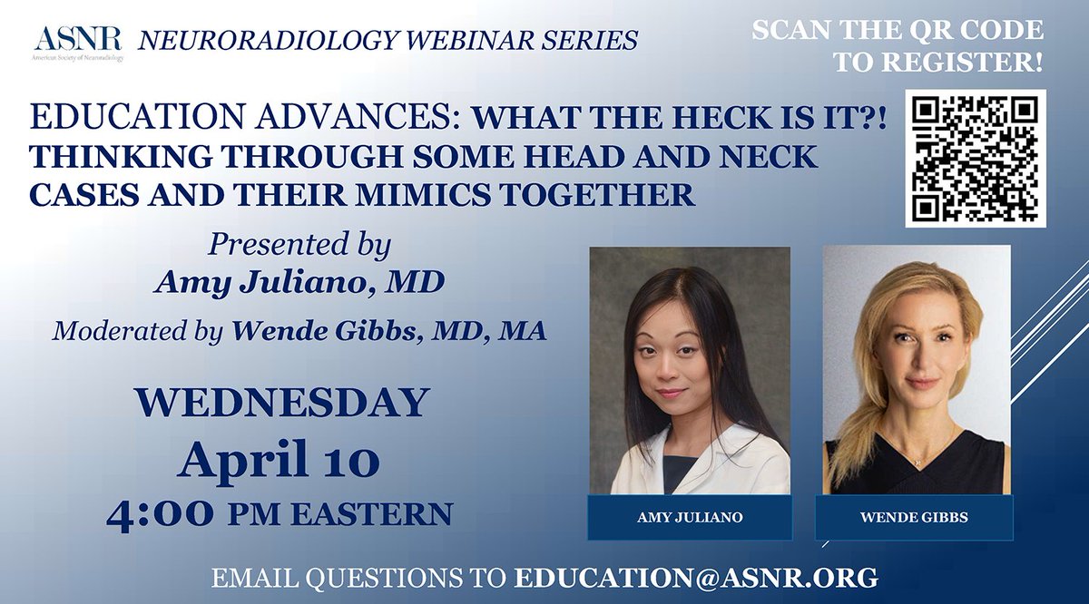 Register now for #ASNR's next free webinar on Wednesday, April 10. Join us at 4:00 pm ET for Education Advances: What the Heck Is It?! Thinking Through Some Head and Neck Cases and Their Mimics Together. ow.ly/cHxi50R9mWh @amyfjuliano @WendeNGibbs @Rajagopalan_Pri