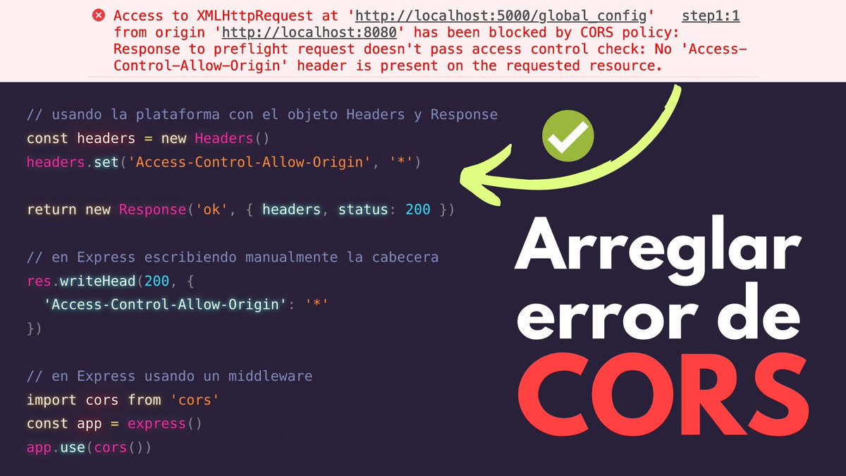 ¿Qué es el error de CORS? ¿Cómo se arregla?
¿Por qué no pasa en backend y sí desde el navegador?

Te explico ↓

CORS es una medida de seguridad para evitar que una web pueda acceder a recursos ubicados en un dominio diferente al de la página web actual.

Son las siglas de