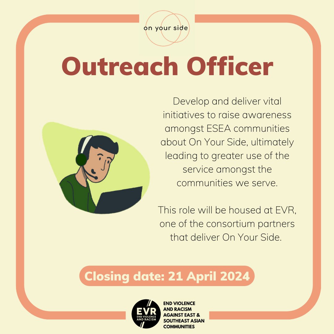#JobAlert Want to help provide vital support to ESEA communities across the uk? Apply to be our new #OutreachOfficer! This role will be housed at our consortium partner @EVR_ESEA. Deadline 21st April 2024 More info: onyoursideuk.org/were-hiring-a-…