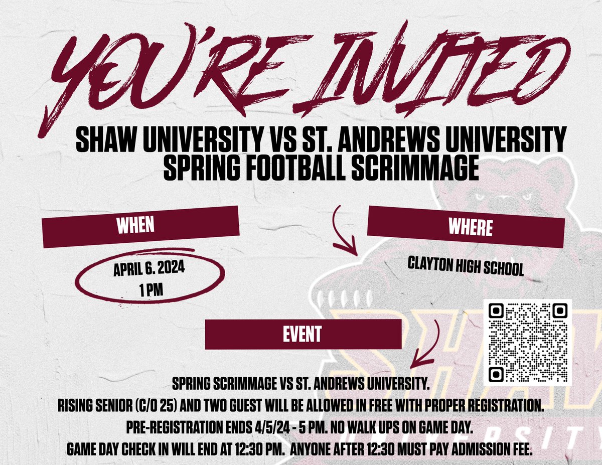 Get your first look at Shaw football before next week's Garnet & White game as we have a controlled practice against St. Andrews tomorrow at 1 PM. RECRUITS....You still have until 5 PM to register. #BearWithUs | #ShawU