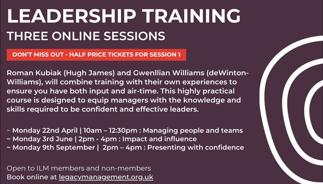 📢 HALF PRICE LEADERSHIP TRAINING SESSION - MONDAY 22ND APRIL 📢 Join Roman Kubiak TEP, @HughJamesLegal and Gwenllian Williams, deWinton-Williams Consulting Ltd, for an interactive, practical session to boost your leadership skills. Book here: legacymanagement.org.uk/events/leaders…