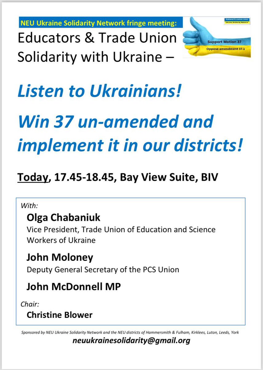 Come and listen to Ukrainian trade unionists and UK supporters at this fringe event at the end of #NEU2024 Conference today.