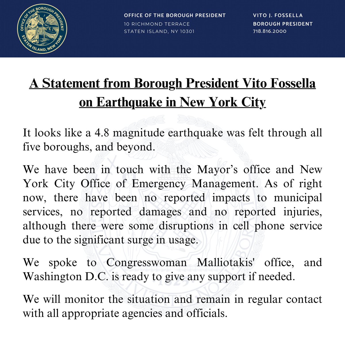 🔔🌎A Statement from Borough President Vito Fossella on Earthquake in New York City