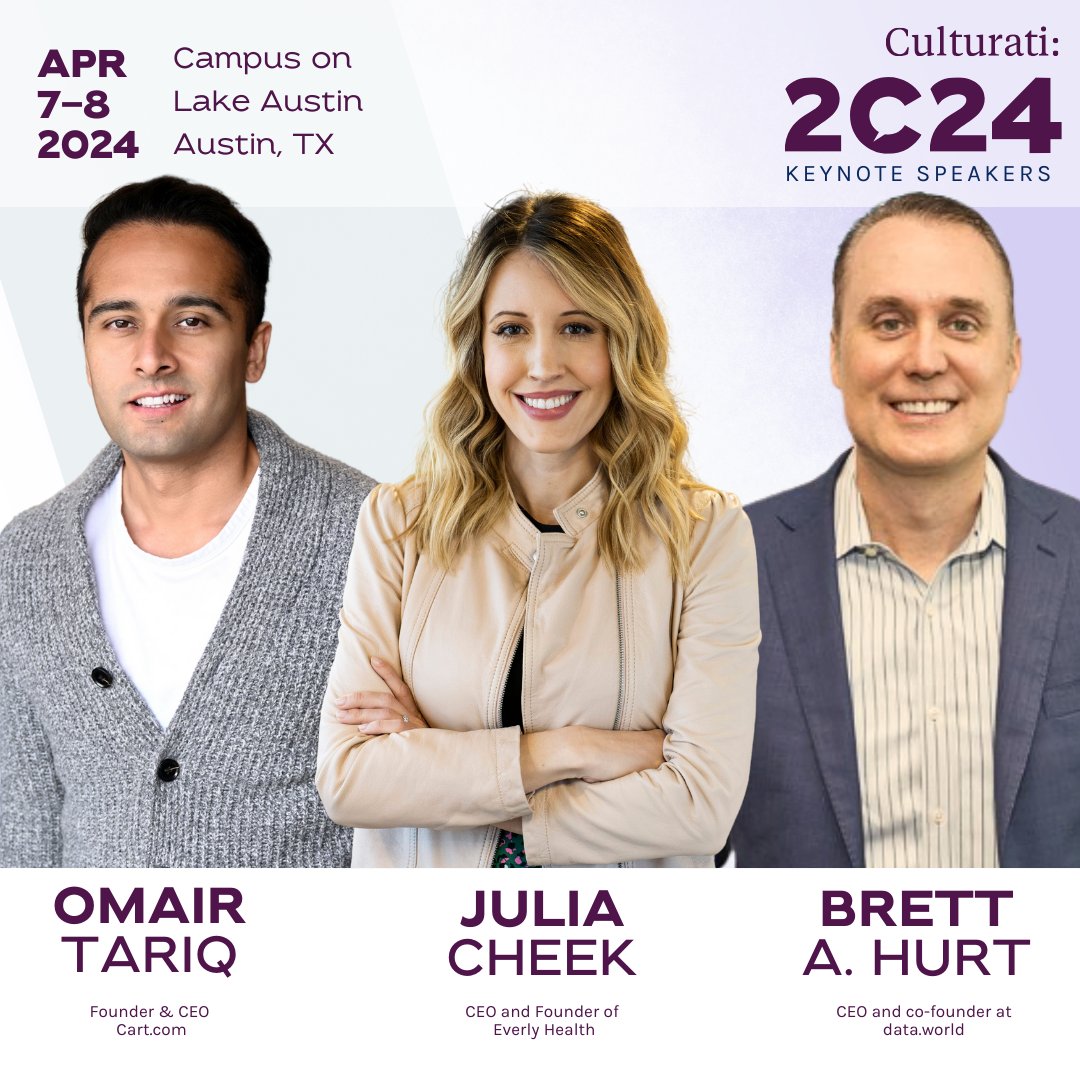 culturatisummit's tweet image. We are counting down the days until the &quot;Innovation in Culture Building, a Panel of Startup Entrepreneurs&quot; session with Culturati Summit 2C24 Keynote Speakers
Brett A. Hurt, Julia Cheek, and Omair Tariq!

#ThoughtLeader #FutureOfWork