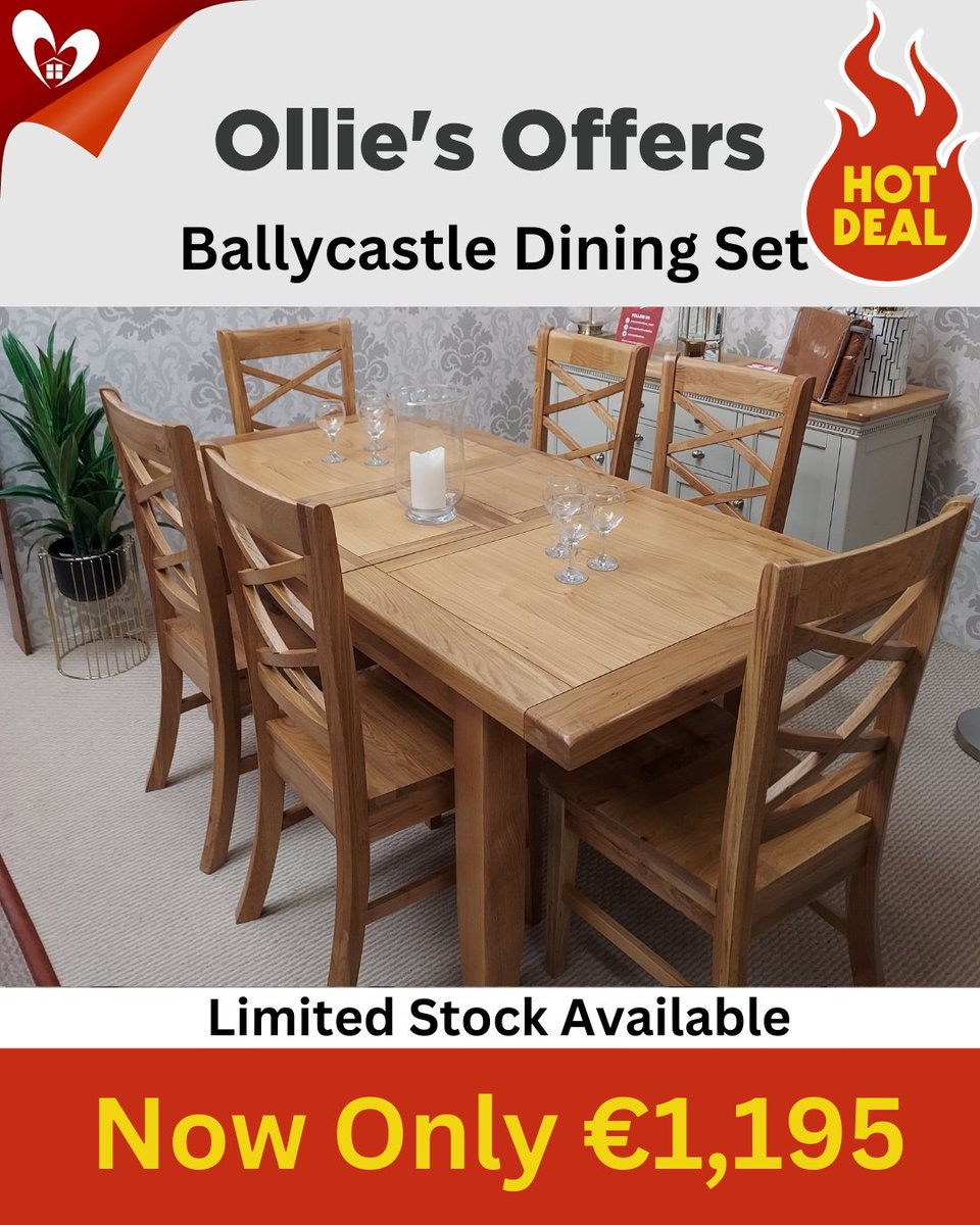 😍More great offers at McVann Furniture today. The Ballycastle Dining Set Only €1,195.

Call into us this weekend or 📞Tel 096 77908 to grab this bargain before it's gone.

#shoplocal #furniture #diningtables #diningsets #interiors #newbuildhomes