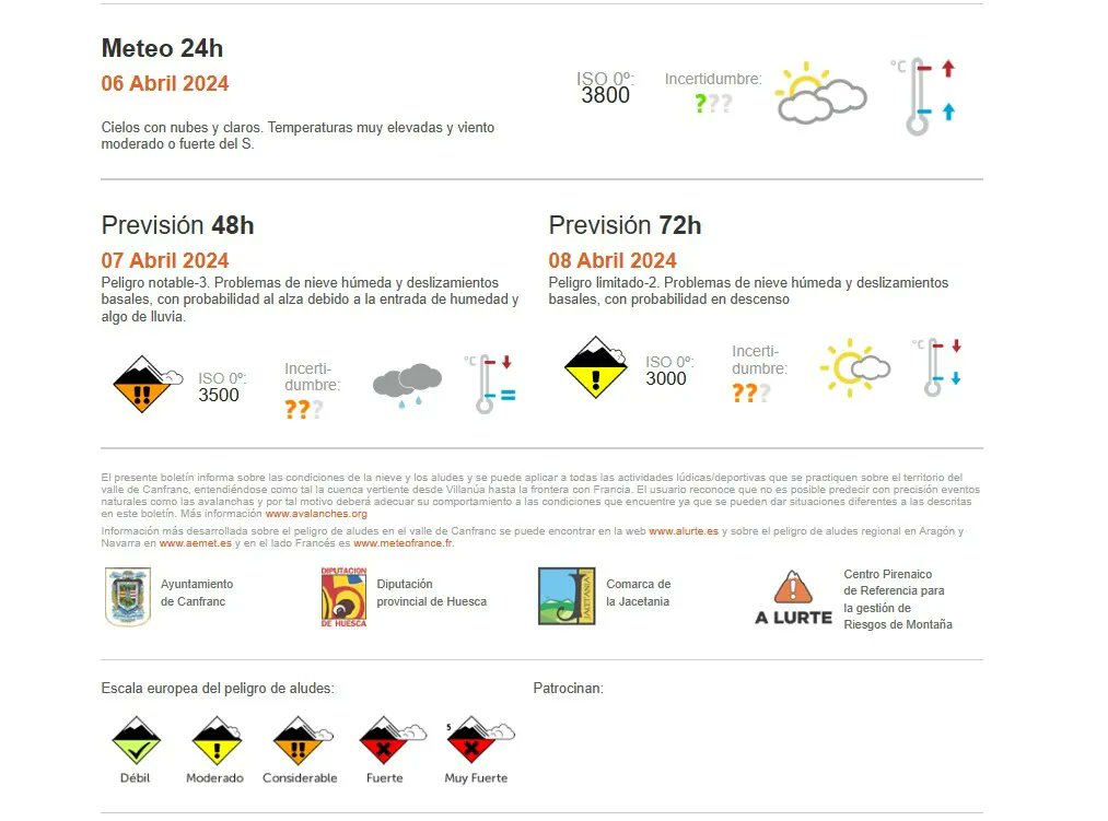 alurte's tweet photo. Fin de semana de calor, con viento fuerte del sur, calima y algo de lluvia el domingo. Problemas generalizados de aludes de nieve húmeda y deslizamientos basales, que afectarán a cualquier cota y orientacion. https://t.co/OliZQwTKNd